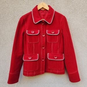 TULLE Women's Jacket Large Red 100% Wool Lined Anthropologie Piping Tailored